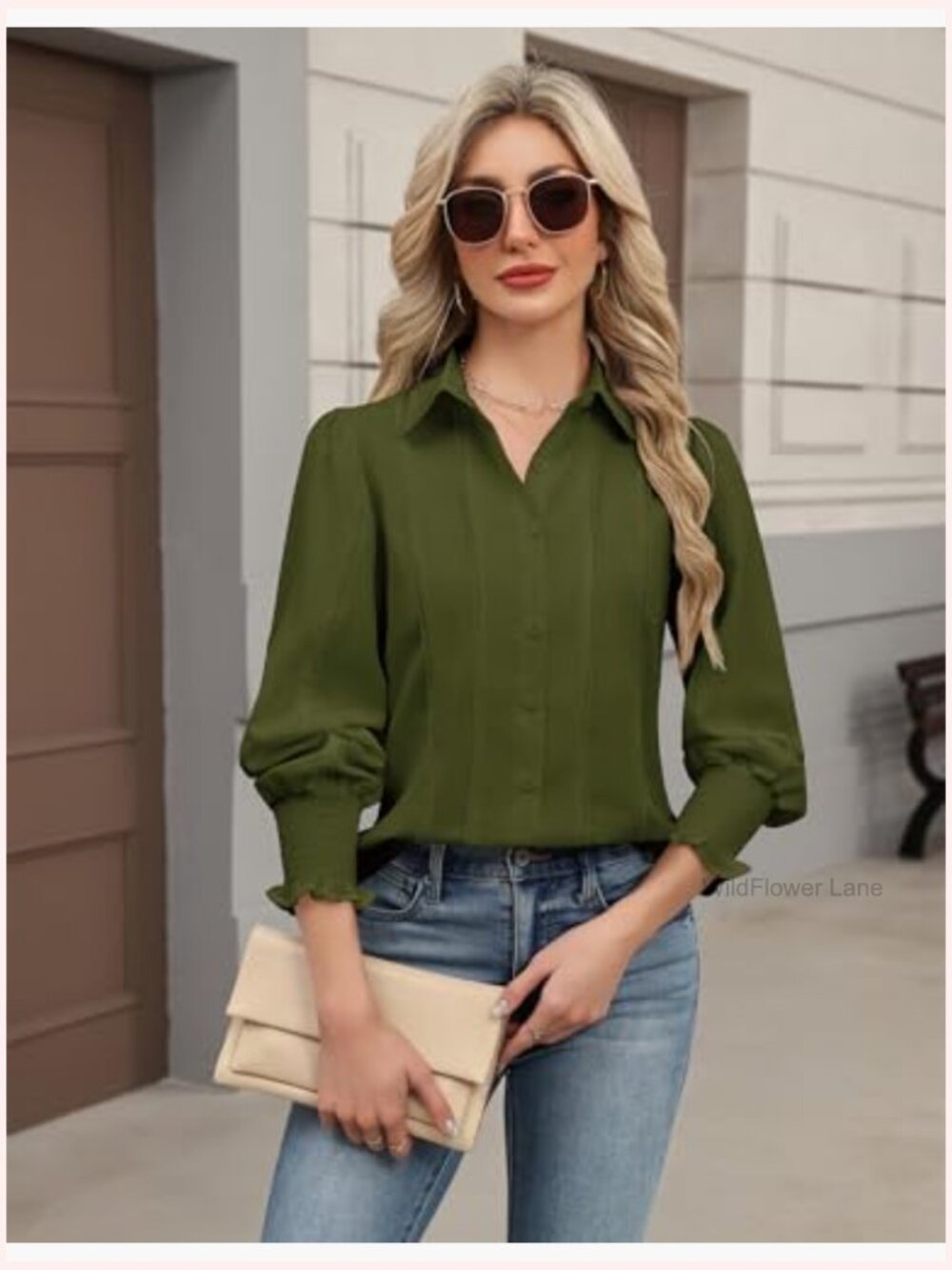 Women's Dressy Casual Button Down Blouse Business Work Top Smocked Cuffed - Picture 4 of 7